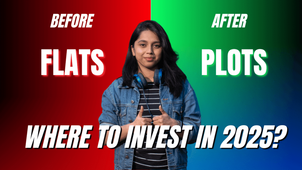 A split-screen image comparing a residential plot of land vs a modern flat in Bhubaneswar, illustrating the property investment choice.