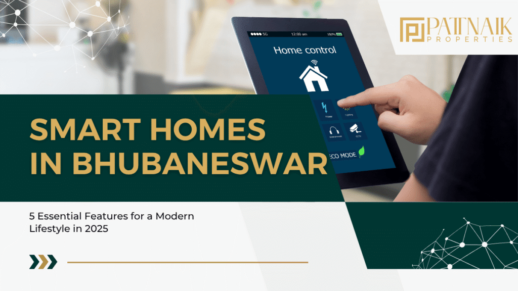 A modern living room showcasing the essential features of smart homes in Bhubaneswar, including automated lighting and security.